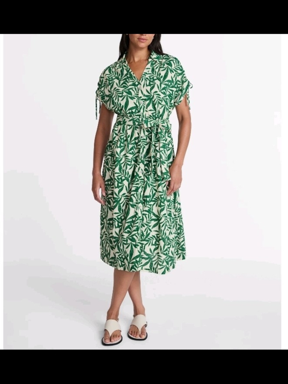 NWT Time and Tru Linen Blend Midi Shirt Dress Green Palm Leaf Print